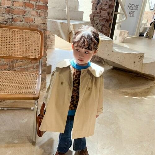 2021 Spring and Autumn Korean Style Girls' Baby Doll Windbreaker Childrens Sailor Collar Loose Double Breasted Coat