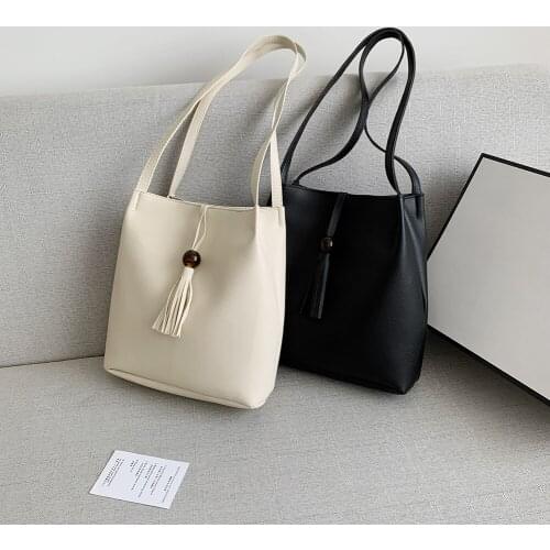 Retro Solid Color PU Leather Women Shoulder Bags Bucket Bags Fashion Tassel Small Shopping Tote Ladies Casual Shoulder Handbags