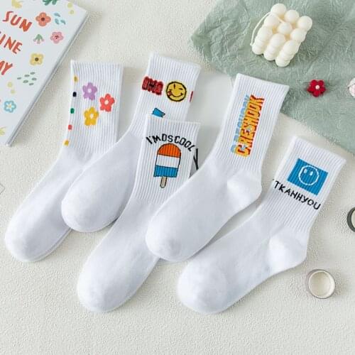 Women Socks Cotton Smile Flower Alphabet Pattern Long Socks Cartoon Fashion Harajuku Hiphop Street Sport White Crew Socks Kawaii