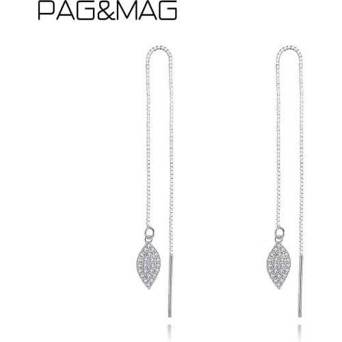 PAG&MAG Real 925 Sterling Silver Leaf- shaped Tassle Hanging Earrings For Women Elegant Micre CZ Drop Earrings Wedding Jewelry