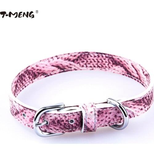 T-MENG Real Leather Dog Collar For Small Medium Large Dogs Unique Rope Printing Adjustable belt Pet Products Supplies M