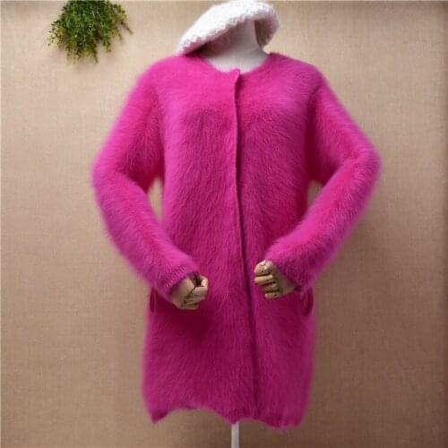 Female women winter thick warm lined inside mink cashmere knitted long sleeve loose long sweater cardigan angora fur jacket coat