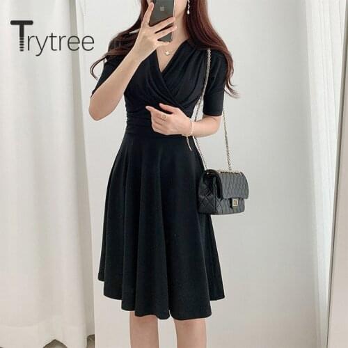 Trytree 2020 Summer Women Casual Dress V-neck Solid 2 Color A-line Fashion Elegant Temperament Knee-Length Office Lady Dress
