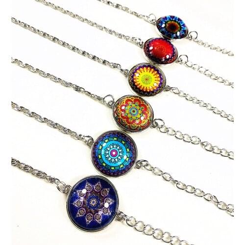 24pcs (12 styles )Mandala Zen Glass bracelets Bandanna Flower hand chain for women girls Chain Bracelet Jewelry wholesale