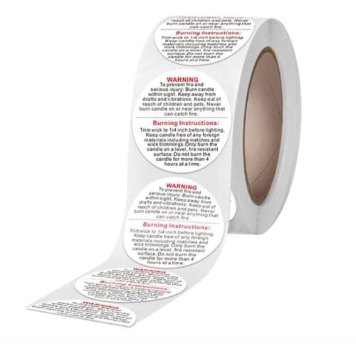 500pcs / roll Candle warning label 3.8cm candle jar container sticker waterproof