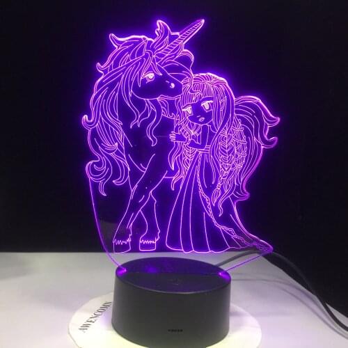 Little Girl and Unicorn Acrylic 3D Illusion LED Lamp Colorful Touch Night Light Kids Girl Gifts GX3359