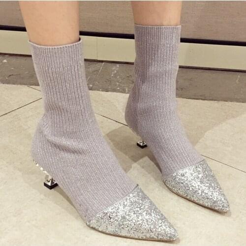 Bling pointed toe socks boots women knitting slip on bota feminino crystal low-heeled fall/winter stretch fabric socks booties