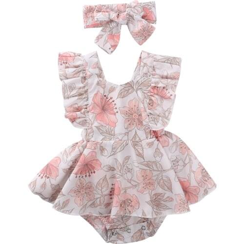 Infant Newborn Baby Girls Summer Casual Floral Print U-Neck Fly Sleeves Bodysuits Jumpsuit with Headwear