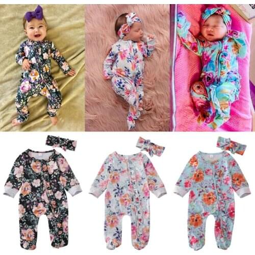 Cute Newborn Baby Girls Boys 0-6M Footies Floral Print Long Sleeve Ruffles Single Breasted Playsuit Headband Clothes Outfits