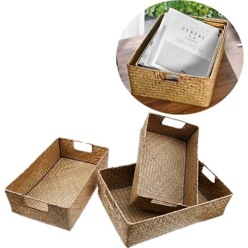 Natural Straw Desktop Storage Basket with Handle Household Rectangular Wicker Storage Box Hand-woven Seagrass Laundry Baskets