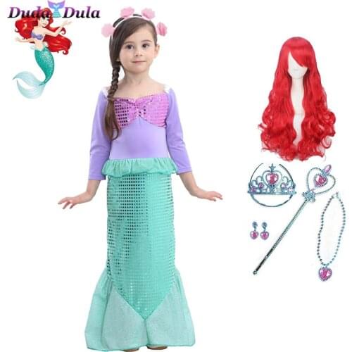 Little Girls Mermaid Princess Ariel kids dresses for girls Halloween Christmas party cosplay Costume Long sleeves Clothes