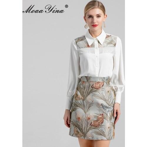 MoaaYina Fashion Designer Runway Autumn Skirts Set Womens Turn-down Collar Tassel and Vintage Print Skirt Two Piece Suits