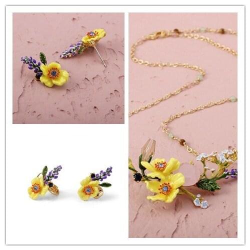 Fashion Symphony series yellow flowers lavender enamel glaze necklace earring jewelry set