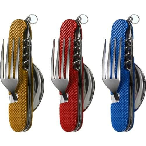 6 in 1 Detachable Outdoor Tableware Camping Stainless Steel Fork Knife Spoon Bottle Opener Fold Kit For Hiking Survival Travel