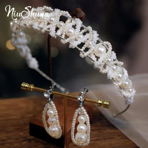 NiuShuya Handmade Pearl Beading Bridal Headbands Elegance Brides Hairbands Tiaras with Earrings Wedding Hair Accessories