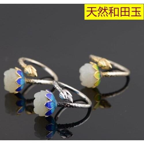 New Thai Silver S925 Sterling Silver Inlaid Natural Hetian Jade Vintage Lotus Open Ring Womens Sterling Silver Ins