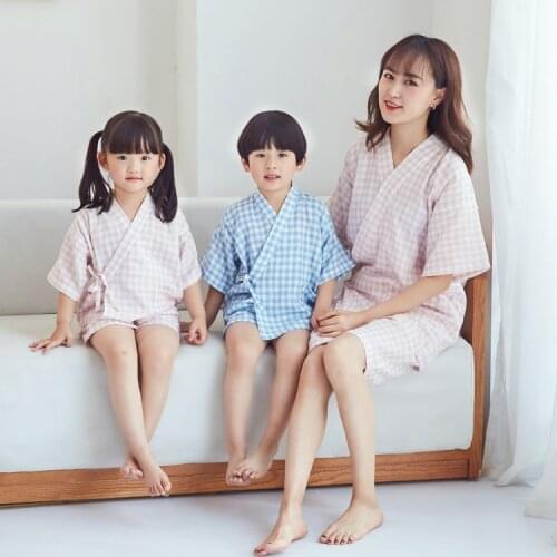 Japanese Childrens Cotton Gauze Pajama Suit Cotton Boys And Girls Japanese Kimono New Household Simple Plaid Clothes Suit LB786