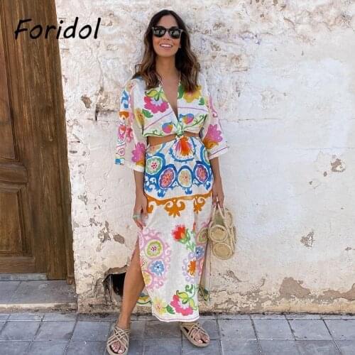 Foridol Floral Print Boho Autumn Cotton Linen Slit Maxi Long Dress S/4 Batwing Sleeve V Neck Wiast Cut Out Midi Dress Vestidos