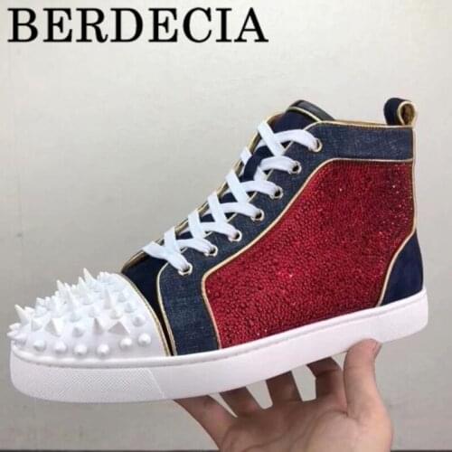 Luxury Brand Berdecia White Gold Spiked Men Loafers Bling Crystal Banque Wedding Shoes Lace-Up Rivet Sneakers Moccasins Big Size