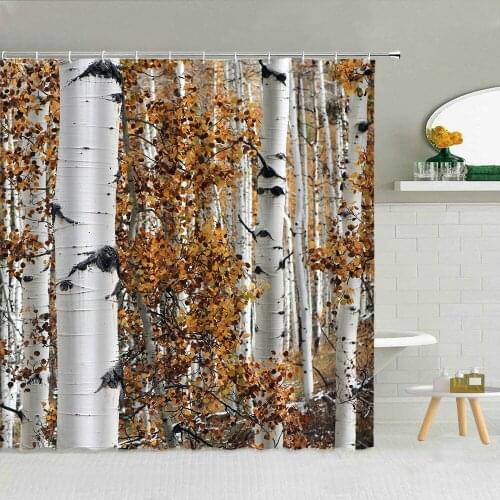 White Birch Trees Bathroom Decor Lake Sunlight Forest Plant Shower Curtain Set Yellow Leaves Autumn Scenery Waterproof Curtains