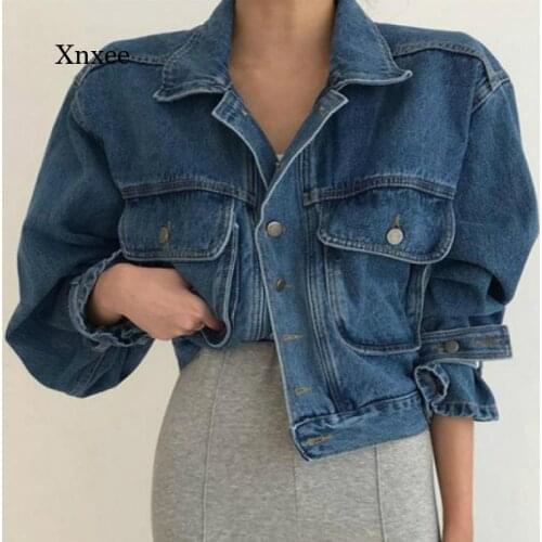 Women Denim Jacket Puff Long Sleeve 2021 Spring New Lapel Short Outwear Vintage Casual Jean Jackets Female Denim Coat Clothing