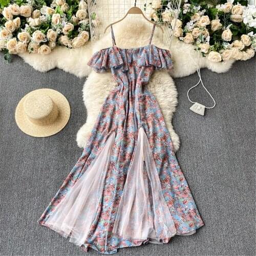 Women Mesh Floral Sling Dress Summer One Shoulder Patchwork Fashion Vintage French Long Dresses Beach Holiday Gown Sundress 2021