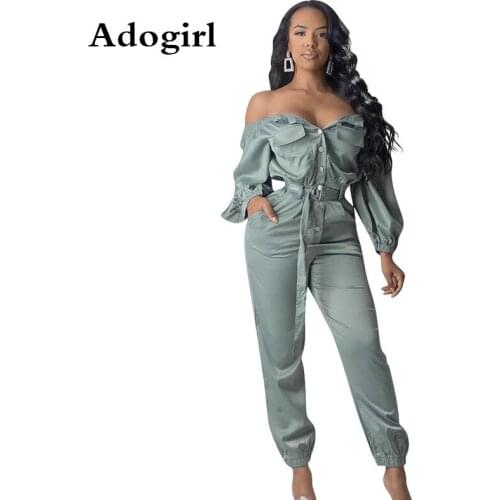 Adogirl Sexy Off Shoulder Long Sleeve with Pockets Jumpsuit Office Lady Button Female Romper with Belt Combinaison Femme