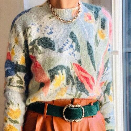 Floral Print Knit Winter Sweater Women Casual O Neck Long Sleeve Chic Mohair Pullover 2021 Vintage Warm Autumn Sweater Women Top