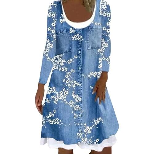 2021 New Autumn Women Floral Print Dress Long Sleeve Loose Casual Denim Color Printed Fake Two Piece Autumn Dresses Women