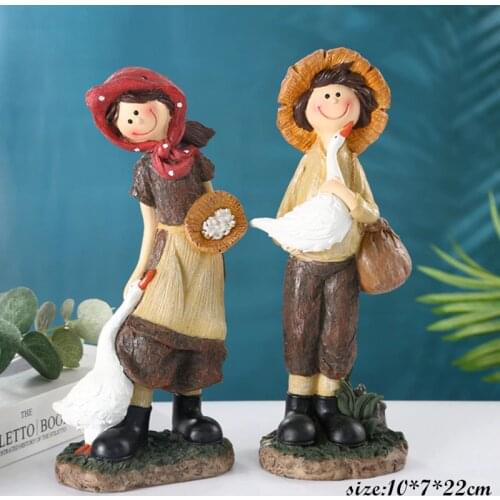 2pcs Cute Countryside Girl Boys Resin Crafts Figurines Goose Fruit Mushroom Doll Ornaments Birthday Gifts Home Decor Pastoral