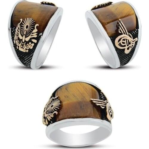 925 sterling Silver the Ottoman State Crested Tiger Eye Stone Ring