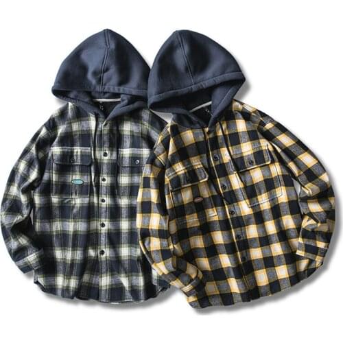 American ins thick plaid shirt male youth loose wild jacket hooded shirt male