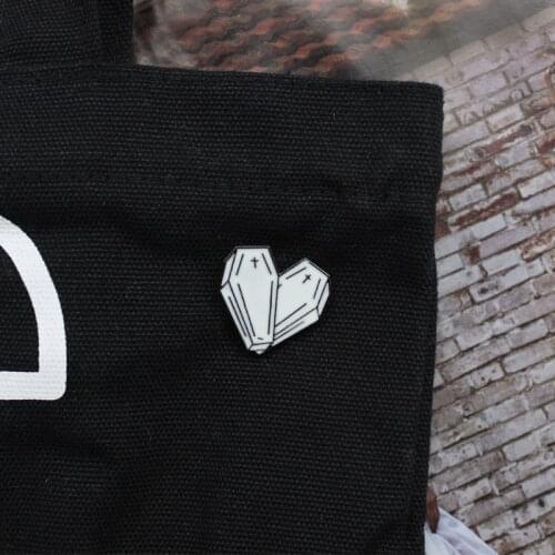 White Heart shape Coffin Brooch Love You to Death Cross coffin Enamel Pin Backpack Jacket Badge Accessories Couple Friends gifts