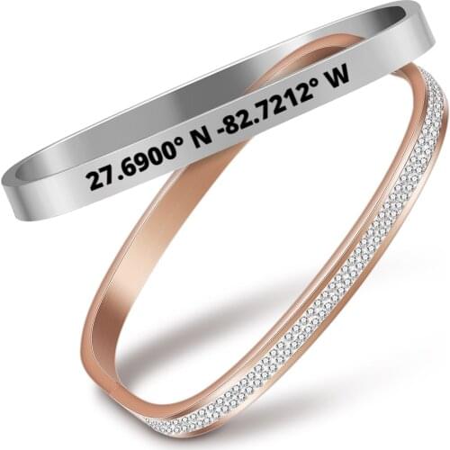 Customize Name Coordinate Stainless Steel Bangle Crystal Bracelet Personalized Gifts For Couple Friendship