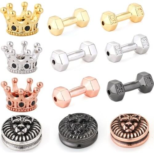 Lion Crown Beads for Jewelry Making Supplies Diy Bracelets Copper Dumbbells Gold Crown Accessories Beads Wholesale Lots Bulk
