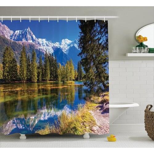 Lake House Decor Shower Curtain Snow Covered Alps Fir Trees in Lake Serenity in Natural Paradise Bath Curtain For Bathroom