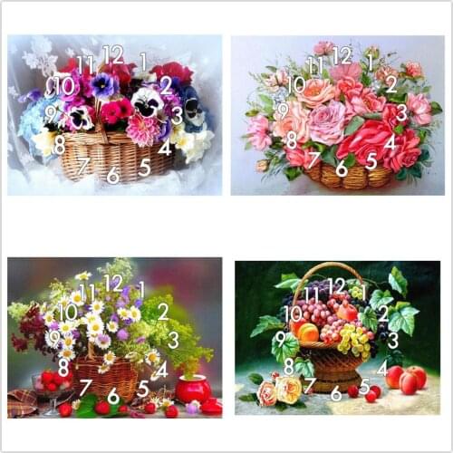 Dpsprue 5D Diamond Painting Kit With Clock Cross stitch Full Square Round Diamond Embroidery Mosaic Flower Basket Gift