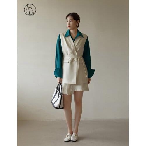 DUSHU Women Waistcoat Ladies Suit Collar Double Breasted Waistcoat White All-match Vest Jacket Autumn New Sleeveless Suit Jacket