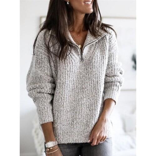 Elegant Half Open Collar Zipper Knitted Sweater Women Solid Basic Casual Pullover Autumn Spring Fashion Clothing Top Sweaters