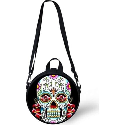 ELVISWORDS Round Shoulder Bag Women Tattoo Pattern Crossbody Bag Lady Messenger Bags Women Handbag Skull Coin Purse Canvas Bolsa
