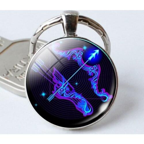 EUB 60PCS Leo Virgo 12 Constellation Key Chains Glass Cabochon Pendant Zodiac Sign Key Rings Silver Plated Bag Pendant Keychains