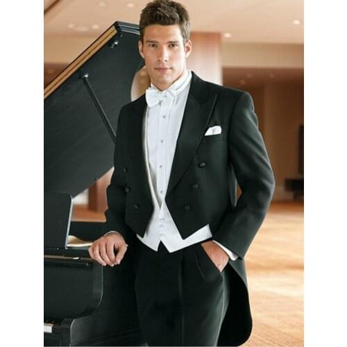 Handsome Black Tailcoat Mens Toast Suits Evening Dress Groom 3 Piece Coat Waistcoat Trousers Sets (Jacket+Pants+Vest+Tie) W:140