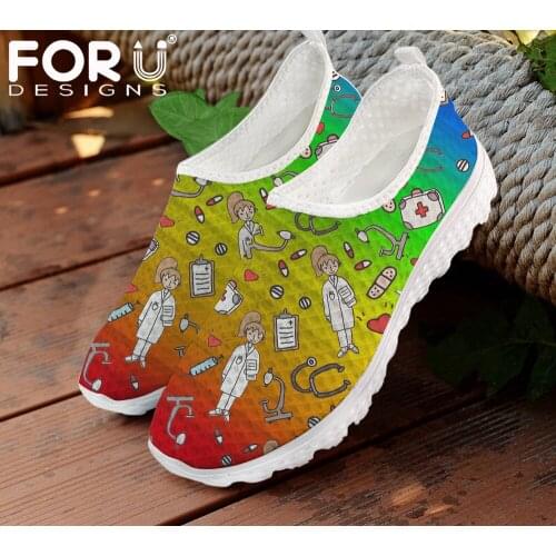 FORUDESIGNS Medical Surgical Nurse/Soctor Pattern Slip On Mesh Shoes Rainbow Style Comfortable Outdoor Walking Nursing Sneakers