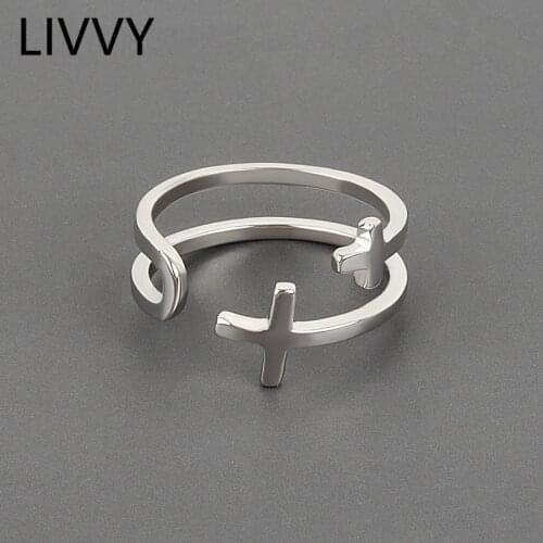 LIVVY Silver Color Minimalist Personality Double Cross Opening Adjustable Fashion Women Party Fine Jewelry