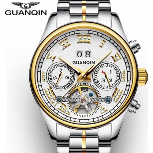 NEW GUANQIN Mens Watch Automatic Mechanical Tourbillon Watch Calendar Luminous Week Month Waterproof Watch Men Steel Wristwatch