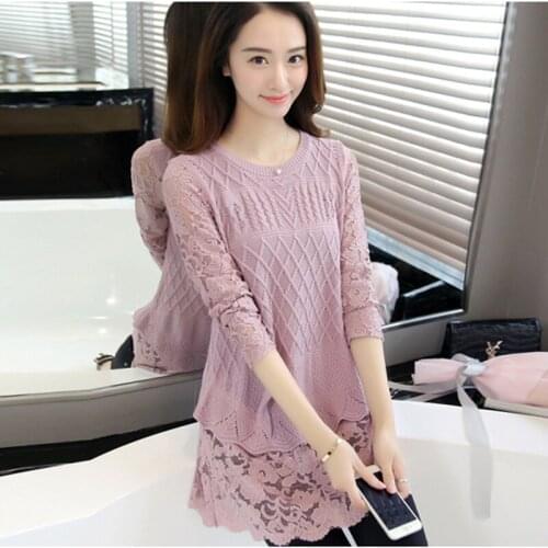 2019 foreign air sweater spring new long loose loose round neck lace long sleeve sweater A106