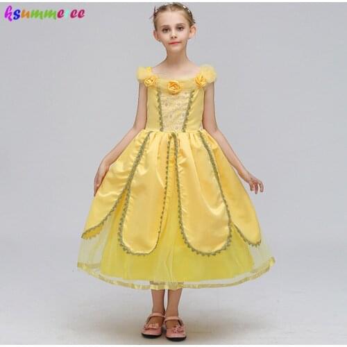 Cartoon Girls Belle Dress Kids Yellow Fancy Dress for Cosplay Costume Beauty Beast Ball Gown Kids Carnival Halloween Dresses