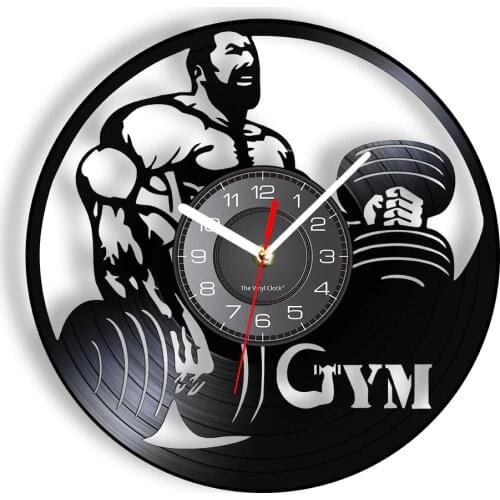 Lifting Dumbbell Vinyl Album Record Clock Muscular Man Keeping Fit LED Backlight Modern Wall Watch Gym Decor Bodybuilders' Gift