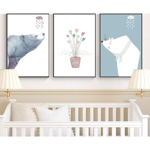 Colorful Cartoon Animal Bear Flower Leaves Plant Potted Bottle Canvas Painting Wall Picture Poster Nursery School Room Decor