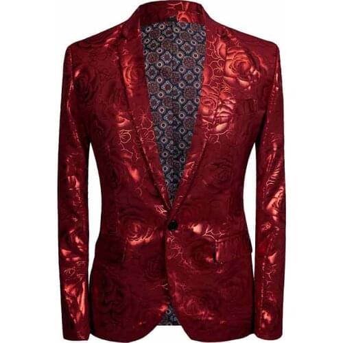 Stylish red rose Pattern Casual Blazer Men Suit Jacket British Gentleman Wedding Grooms Slim Fit Fashion Coat Outfit